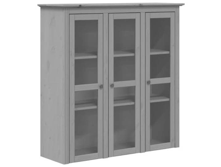 Fisinber Vitrinen-Aufsatz BODO 115,5 cm Grau Kiefern-Massivholz Glastüren Ideal für Esszimmer und Wohnzimmer: Erweitert Aufbewahrung für Geschirr und Deko mit langlebigen Metallgriffen.