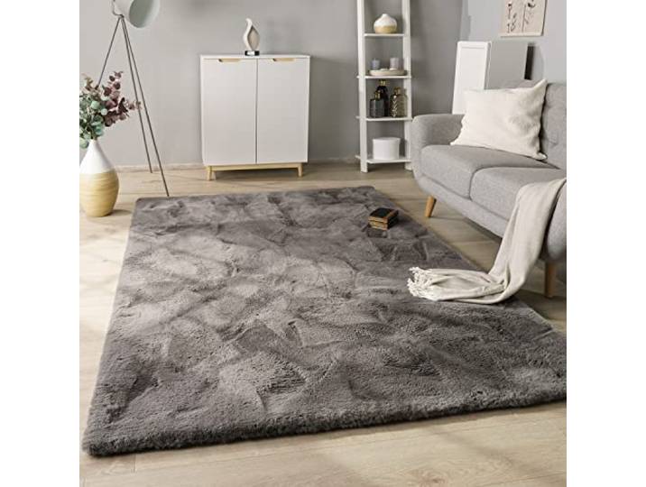 Paco Home Hochflor Teppich Wohnzimmer Schlafzimmer Modern Flauschiger Fellteppich Fell Imitat Kunstfell Langflor, Grösse:80x150 cm, Farbe:Anthrazit