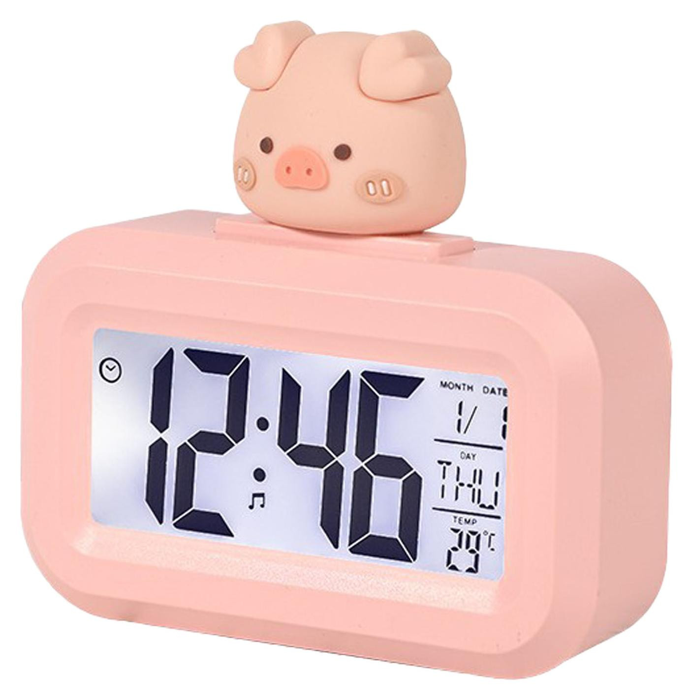 Gistuch Elektronische bureauwekker met cartoon LED-scherm, datum, tijd, kalender en temperatuur, roze varkentje