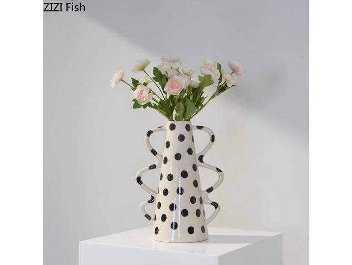 Vase hydroponique en céramique à pointe ondulée, ornement à Double oreille, Vases à fleurs séchées, Arrangement floral, Vases décoratifs, artisanat