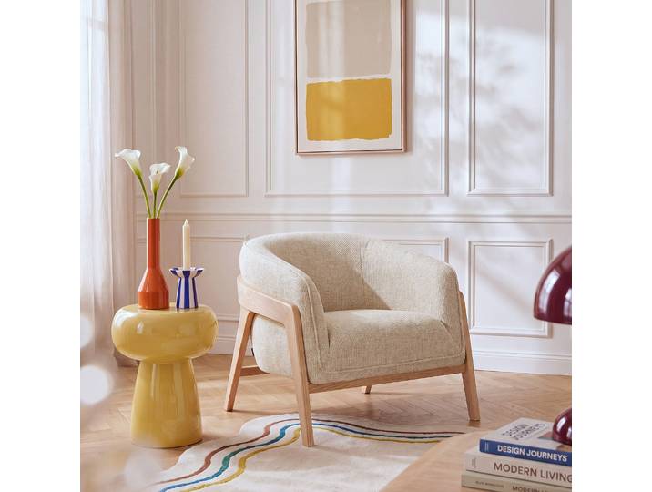 HABITAT - Fauteuil en tissu chenille et bois - Crème - Caluso