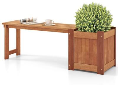 Costway Teak Oil Finish Raised Garden Bed Wood Planter Box with Bench