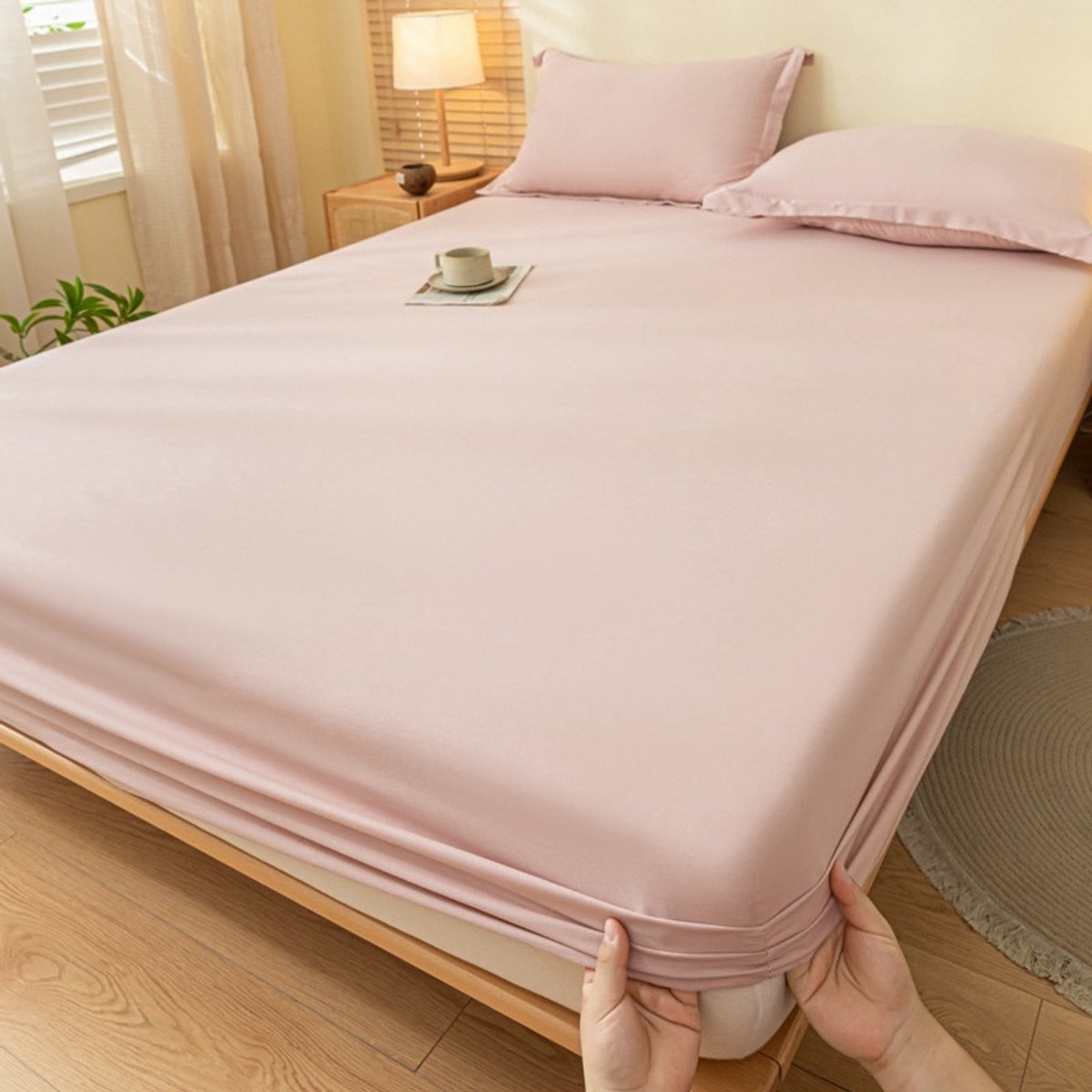 Lichtroze katoenen beddengoed set met hoeslaken, dekbedovertrek en sprei, 200 x 220 cm