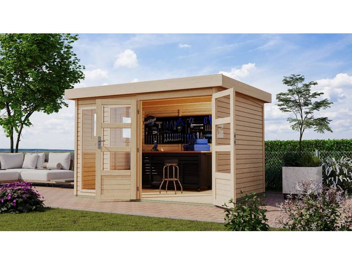 Gartenhaus KARIBU Langesee 5 , beige (naturbelassen), ohne Fußboden, ohne Dacheindeckung, Holzwerkstoff, Gartenhäuser, Gartenhaus, aus hochwertiger nordischer Fichte mit wasserabweisender Profilierung