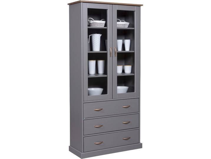 Buffet INTER LINK, grau (weiß), B:90cm H:190cm T:38,4cm, Massivholz, Sicherheitsglas, Schränke, Buffet, Geschirrschrank im Landhausstil, BxTxH: 90 x 38,4 x 190 cm
