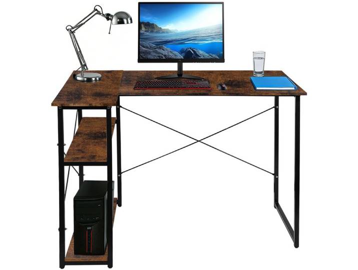 LVHCMFOHM Bureau d'angle en Forme de L Table de Gaming avec 2 Étagères de Rangement pour Petit Espace 120×70×75cm Marron