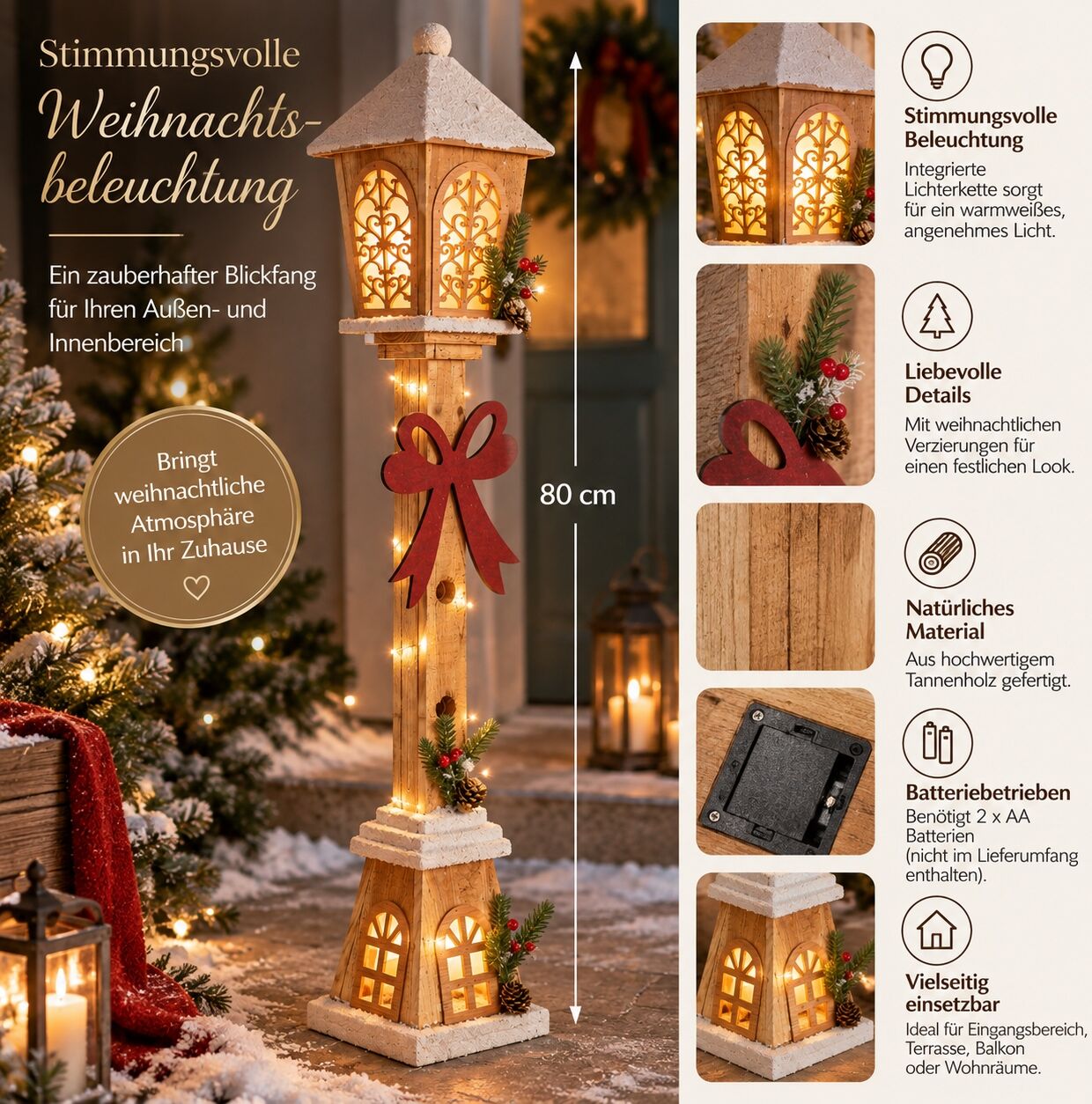 LED Laterne "Holzlaterne, 80 cm hoch", braun (natur), B:16,5cm, MYFLAIR MÖBEL & ACCESSOIRES, Leuchten, LED Laterne, mit intergrierter LED-Lichterkette