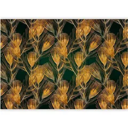 Artgeist, Tapete, Fototapete - Golden peacock feathers - solid background with bird pattern on green background (250 x 175 cm)