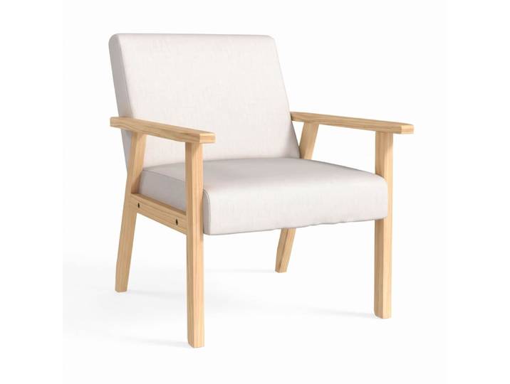Fauteuil lounge finition lin, cadre bois massif, blanc crème