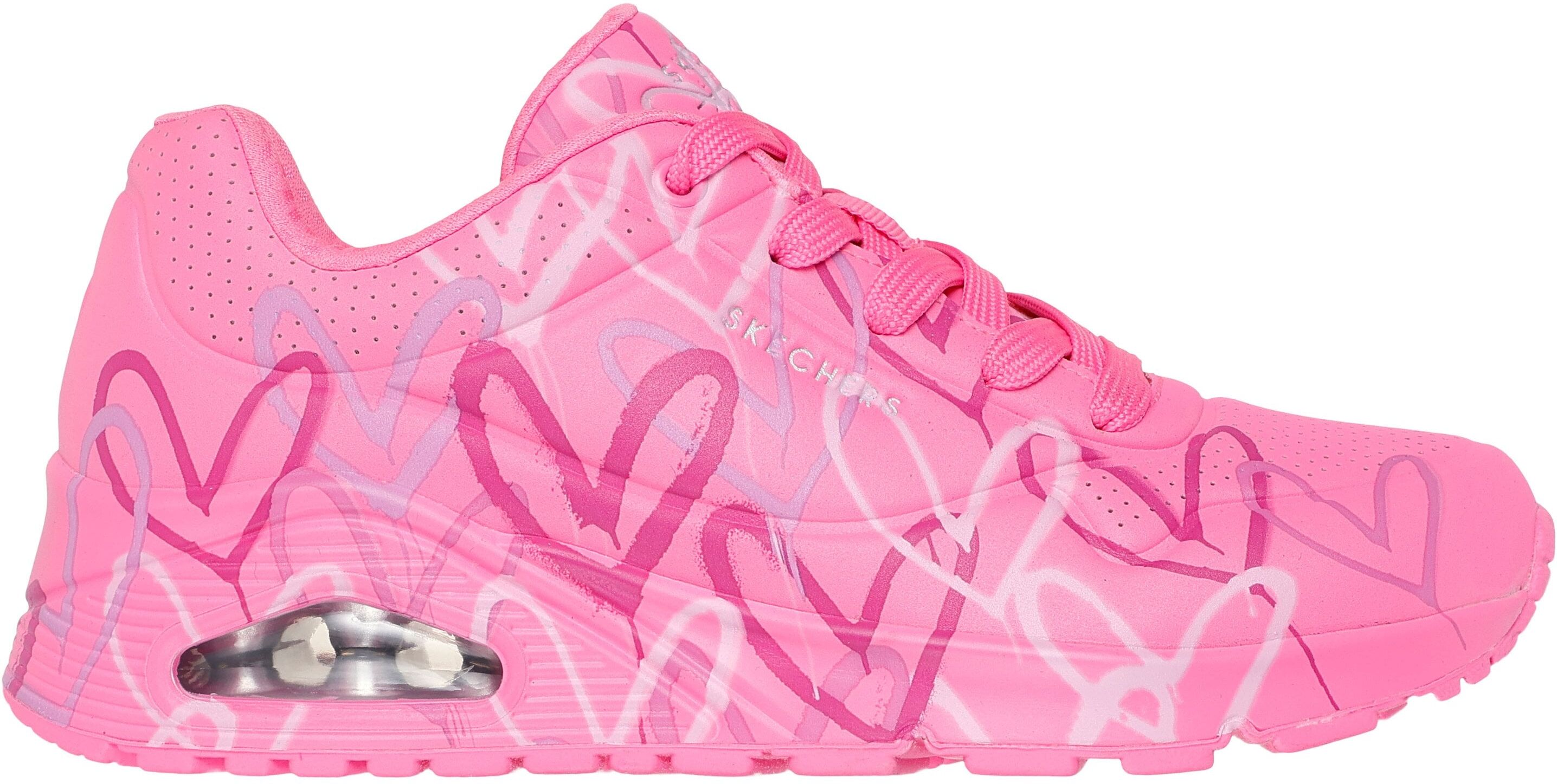 Wedgesneaker SKECHERS "UNO-SPREAD THE LOVE", Damen, Gr. 37, Textil, rosa (rosa, pink), Lederimitat, kontrastfarbene Details, Schuhe Wedgesneaker, Freizeitschuh, Halbschuh, Schnürschuh mit coolem Graffiti-Print