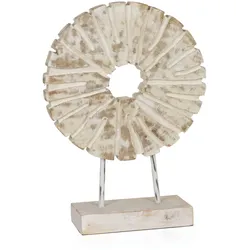 Moritz Dekofigur Rune Weiß 35 cm aus Mangoholz Metall Shabby Chic Holzskulptur rund auf Sockel handgefertigte Dekoration mit Struktur für Fensterbank Kommode