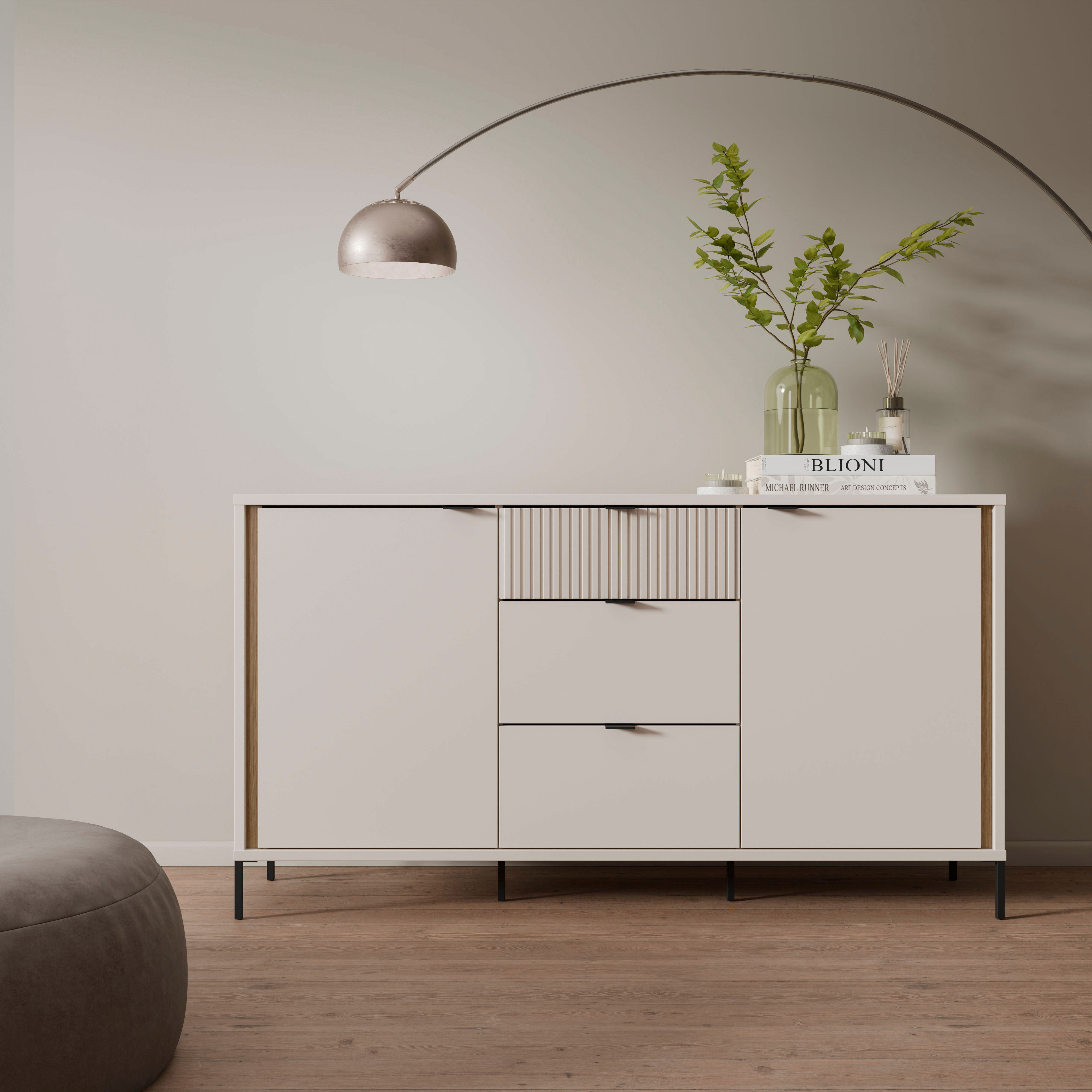 Sideboard FORTE "Forte Seravel Sideboard 160 cm, Kashmir Beige/Mauvella Eiche", weiss (mauvella eiche, kaschmir beige), B:158,8cm H:87,2cm T:41,5cm, Holzwerkstoff, Sideboards, Sideboard, B/H/T 158,8/87,2/41,5 viel Stauraum, Lamellenoptik mauvella eiche, k