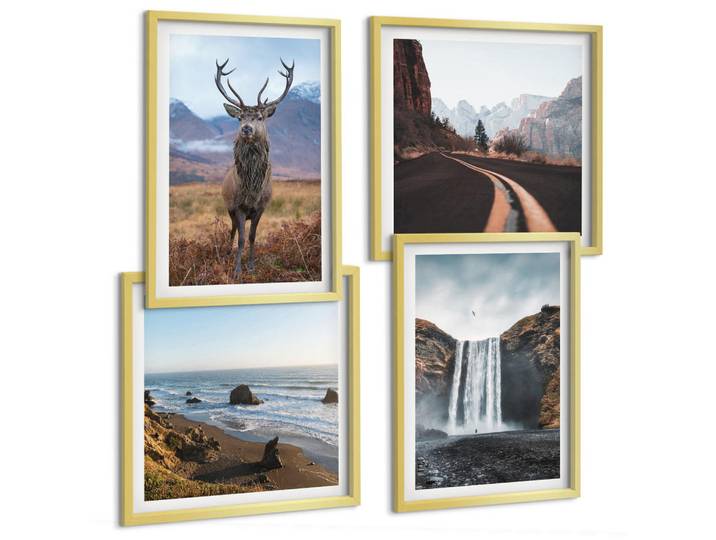 Tulup Bilder SET 4er Set - 50x50 cm & 40x60 cm Goldrahmen - Berglandschaften, Wasserfälle, Hirsche, Strände, Goldfarben, Kunststoff, Rechteckig, 50x50 cm, Fotografie, Bilder & Rahmen, Bilder
