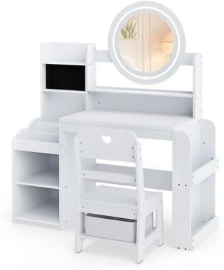 Costway Kids Vanity Desk with Mirror Side Bookshelf and Ring Slots-White