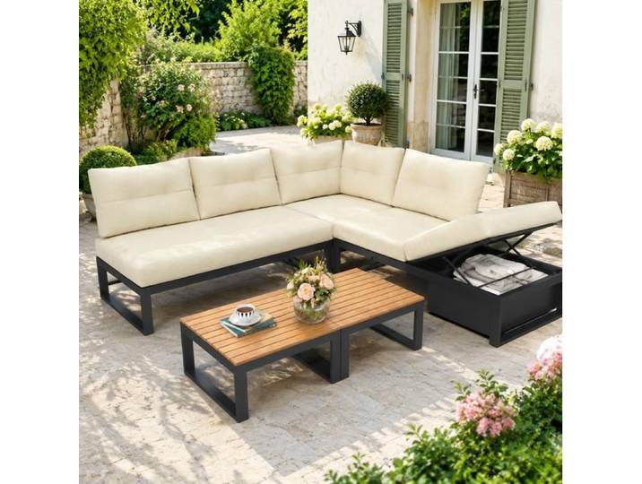 WOVREO salon de jardin d'angle modulable 4 places avec table basse dossier 3 positions rangement beige