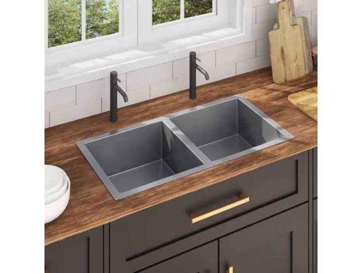 Küchenspüle aus Edelstahl, silber, 86,5 x 44 x 20 cm, handgefertigt Doppelwann, gebürstetes Finish, X-Flume-Design, Kondensation, schallabsorbierend, bleifrei, Unterbau oder Unterbau