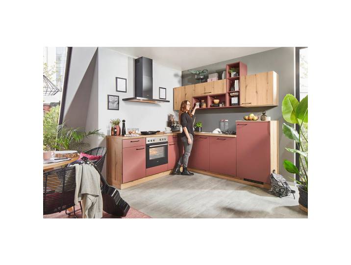 Welnova Eckküche Win, Rot, Eichefarben, 245x225 cm, Made in Germany, in den Filialen seitenverkehrt erhältlich, Küchen, Küchenzeilen & Küchenblöcke, Eckküchen, Eckküchen ohne Geräte