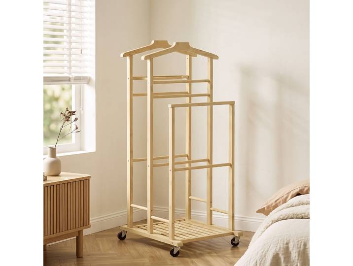 HOMCOM Porte-manteau Bambou Roulettes Étagère Chambre Chêne
