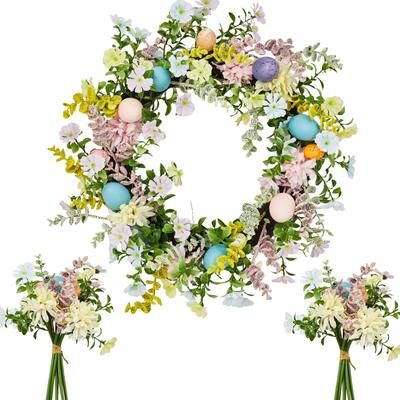 Garvee Artificial Floral Easter Wreath for Front Door – Spring Flower Wreath Artificial Floral Door Wreath on Real Rattan Base