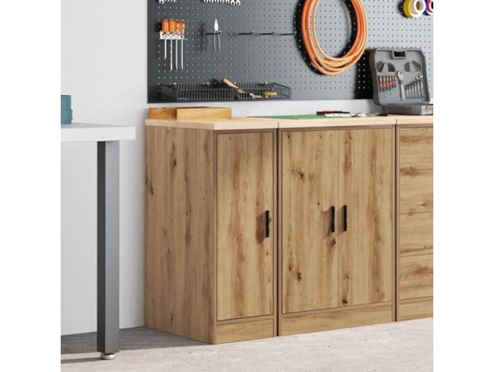 FMPGJLYH Garagenschrank aus Kiefer & Holzwerkstoff, Artisan-Eiche Robustes Massivholz, Vielseitige Arbeitsplatte, Ideal für Werkstatt & Keller