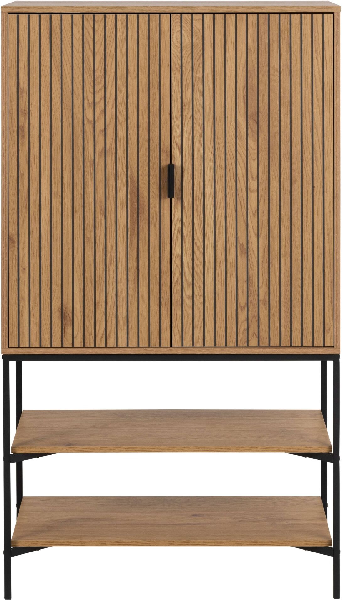 Stauraumschrank ACTONA GROUP "Jaipur Sideboard, Regal", beige (natur), B:80cm H:140cm T:40cm, Schränke, Stauraumschrank, Wildeiche-Optik, 2 Türen und 2 Einlegeböden, Lamellenfront natur B/H/T: 80cm x 140cm x 40cm, Schubladen: 2 Stk. Türen: 2 Stk.