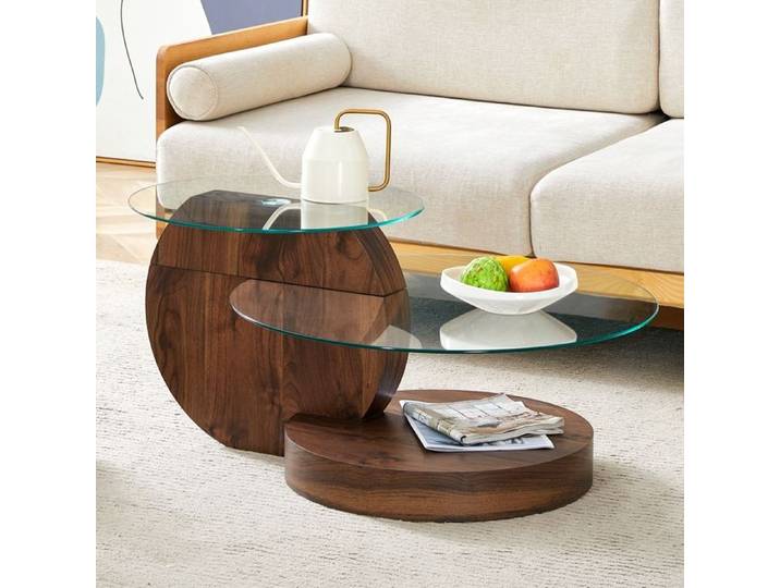 Table Basse Ronde Bois 90x70x44cm-Table D'appoint avec Conception à Double Vitrage -Base Robuste en MDF -pour Bureau-Noyer