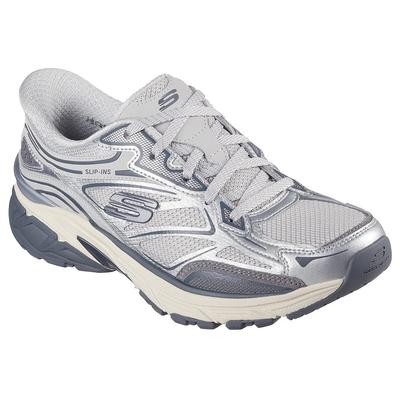 Slip-On Sneaker SKECHERS "STAMINA SPORT", Damen, Gr. 41, silber (silberfarben), Lederimitat, Mesh, metallic, Schuhe, Retro Sneaker, Schnürschuh mit Metallic-Besätzen