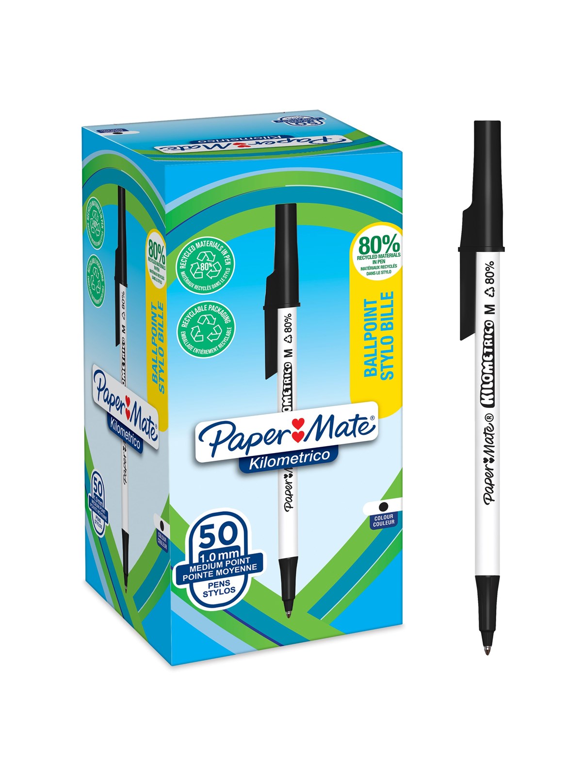 Paper Mate Kilometrico Kugelschreiber | lange Schreibdauer mit mittlerer Spitze (1,0 mm) | schwarze Tinte | 80 % recyceltes Plastik | 50 Stück
