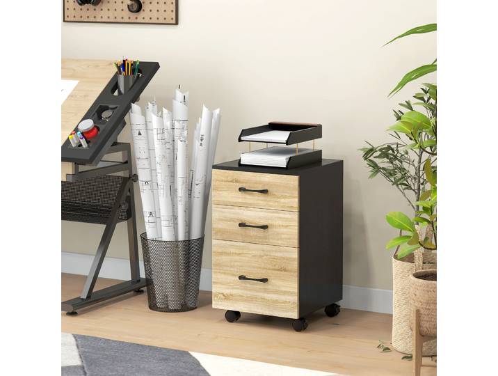 Commode de bureau Homcom avec 4 roulettes, 3 tiroirs, 40x42x65 cm, chêne et noir
