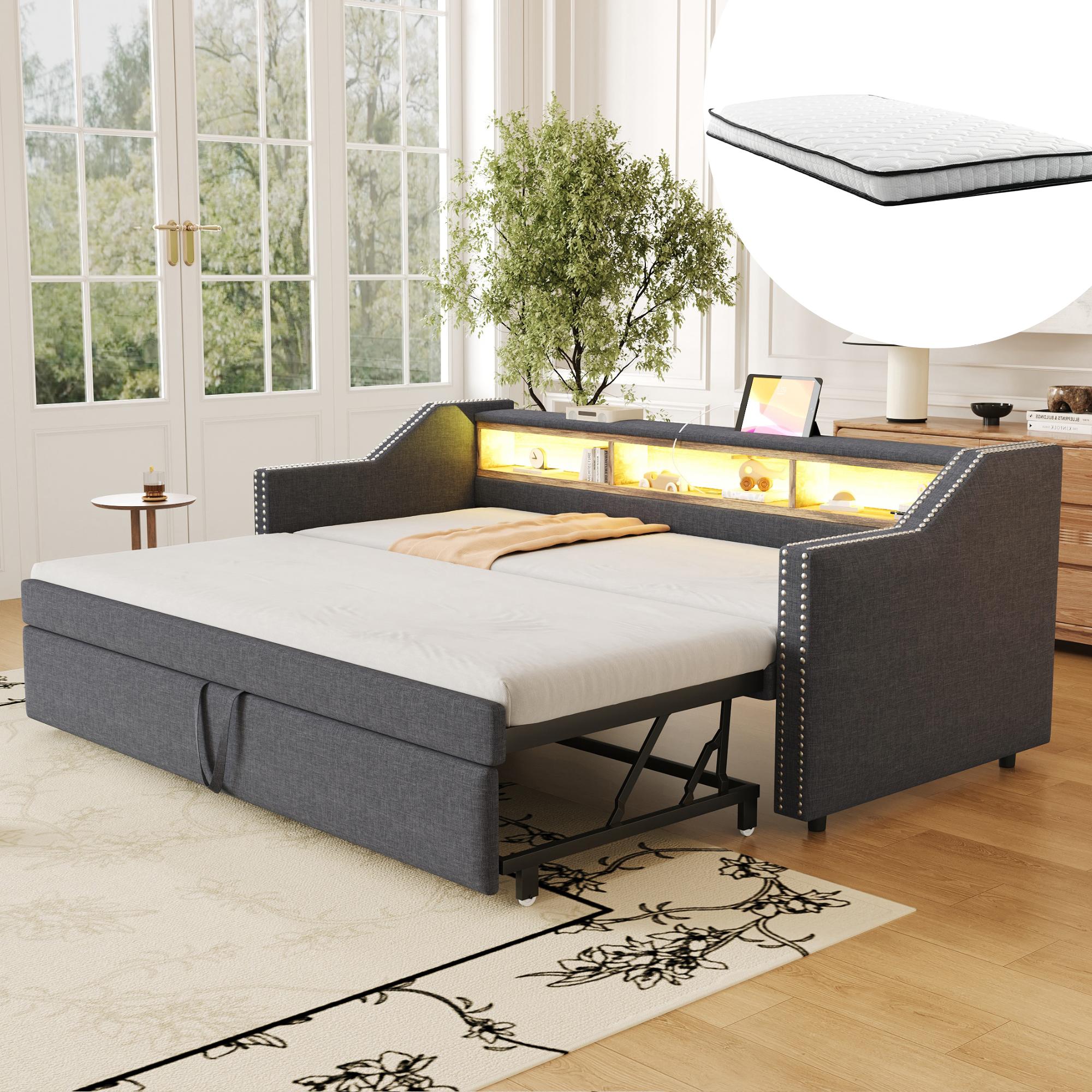 Polsterbett Ausziehbares Schlafsofa 90/180 x 190 cm, Multifunktionales Staufach, LED-Licht und USB-Buchse, mit Lattenrost
