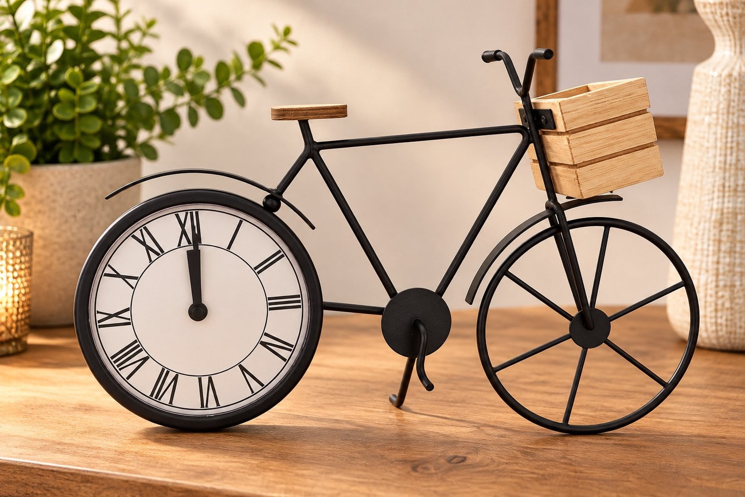 Decoratieve Fiets Klok – Vintage Tafelklok met Romeinse Cijfers – Zwart Metaal met Houten Accenten – Retro Woondecoratie