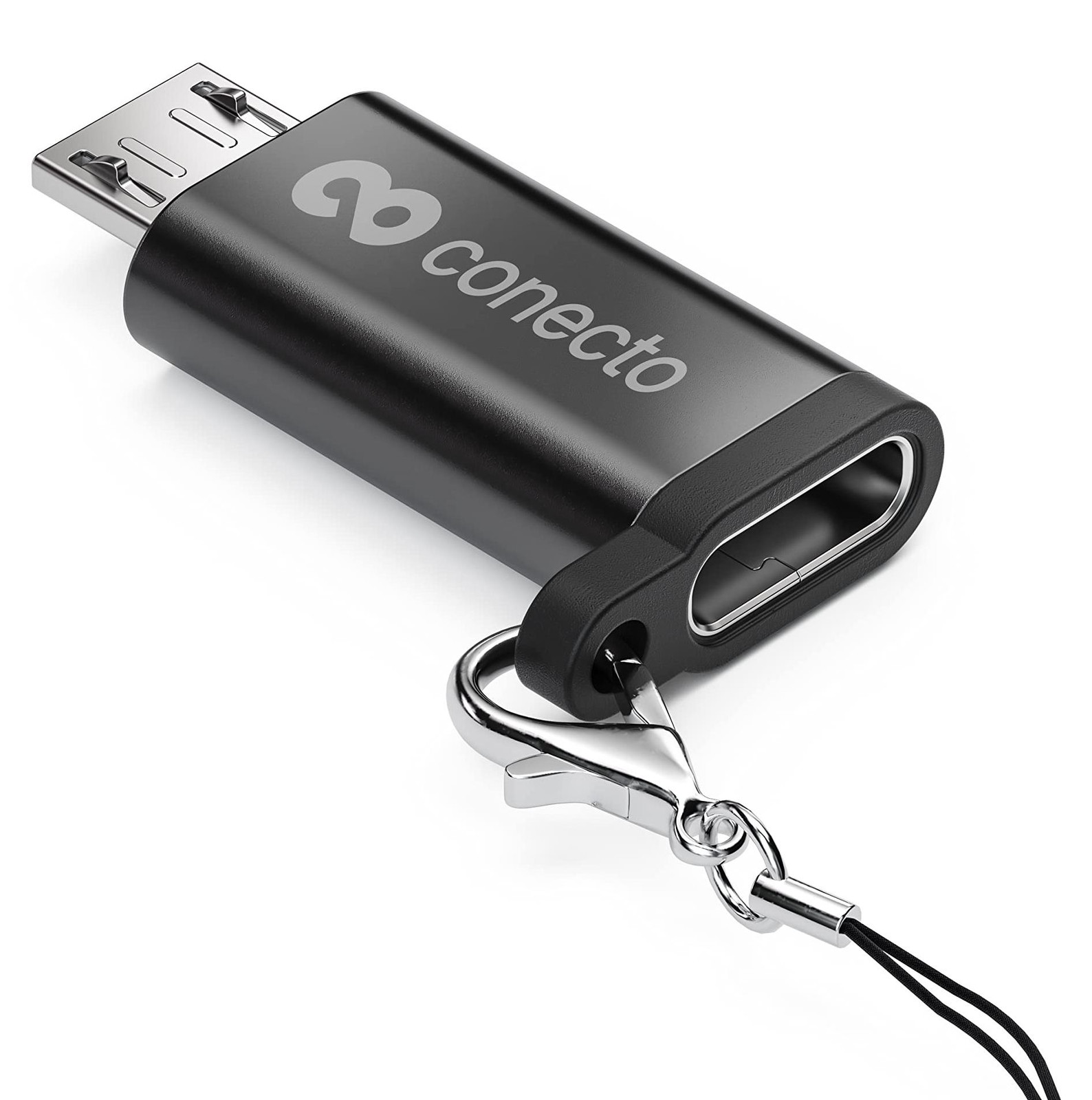 Conecto Micro USB naar USB-C OTG adapter met karabijnhaak, zwart, aluminium