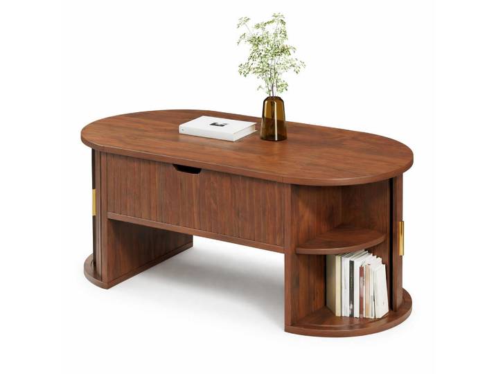 Stilvora Couchtisch in Nussbaumfarben höhenverstellbarer Wohnzimmertisch mit offenen Regalen und Stauraum, B100/T50/H40.5cm, Metall, 2 Fächer, Oval,Oval, 100x40.5x50 cm, Wohnzimmer, Wohnzimmertische, Couchtische