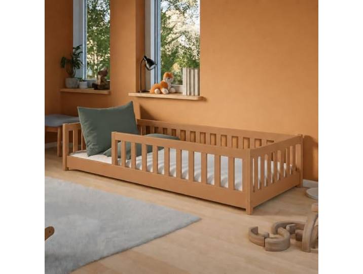 Kids Collective Kinderbett Bodenbett 90x200 cm mit Rausfallschutz & Lattenrost Montessori Bett Bed Gitterbett Kinder Jugendbett Einzelbett Zimt