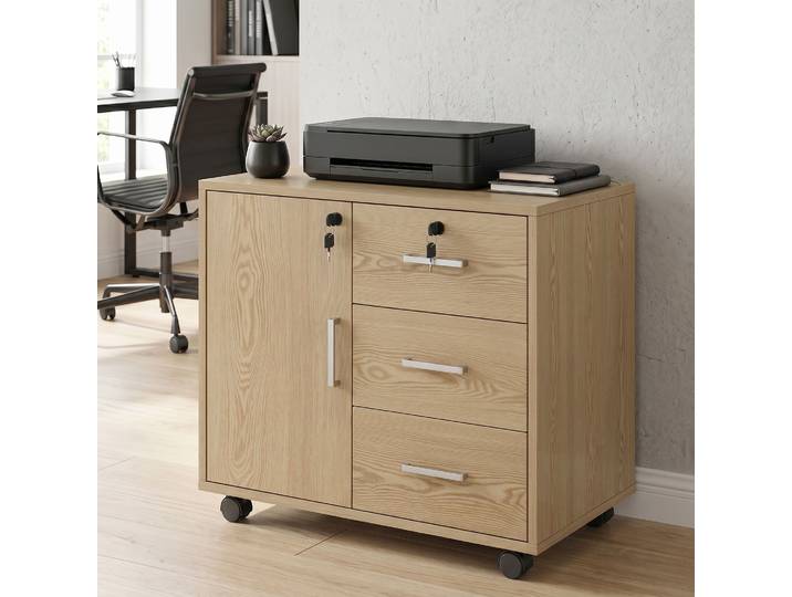 HOMCOM Caisson Bureau Verrouillable 3 Tiroirs Roulettes 40x60x56cm