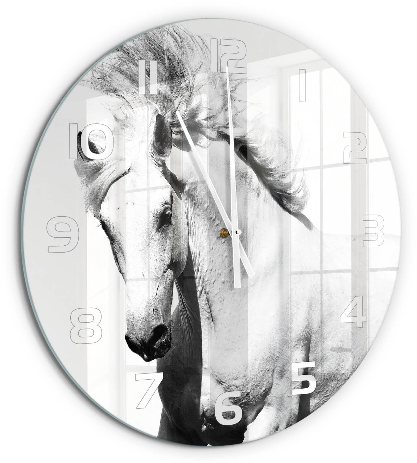 Tulup Wandklok Wit met Paard Motief - Ronde Glazen Wandklok - Diameter: 60 cm