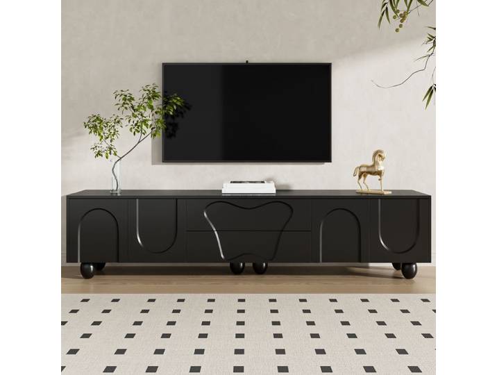 Meuble télévision - KOMHTOM - 180x40x42 cm - TV 65–85  - 2 portes courbées & 2 tiroirs - pieds bois massif noir