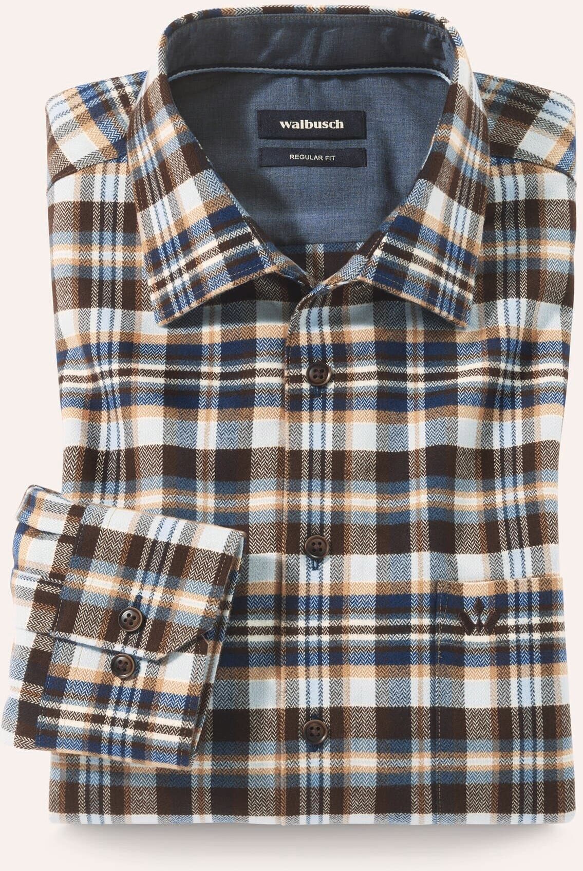 Walbusch Flanell-Hemd mit Relax-Kragen, Regular Fit#noch offen: Größenlauf, Farbe Braun, 38, extradickes Sturmtief-Flanell Relax-Kragen ohne Knopf Herren