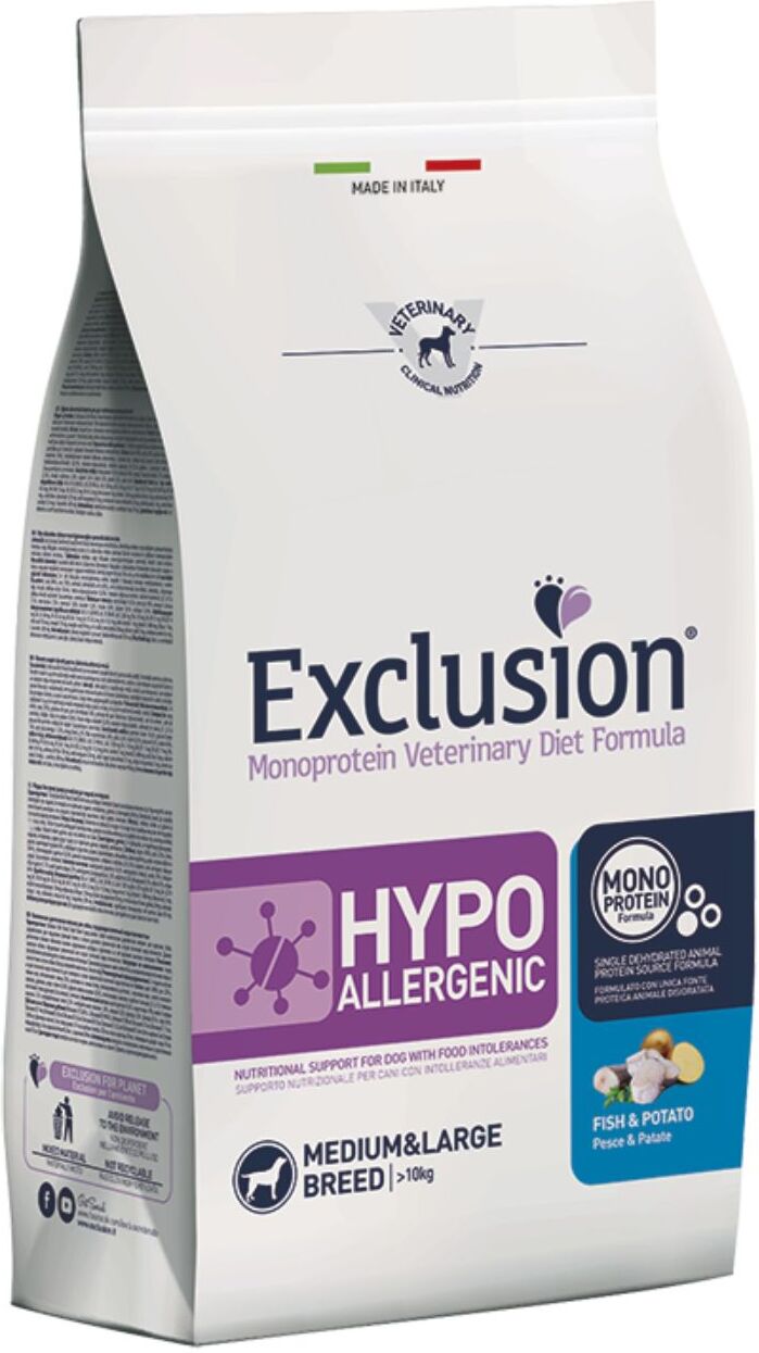 Exclusion Diet Hypoallergenic MEDIUM LARGE Pesce e Patate per Cani 12 Kg