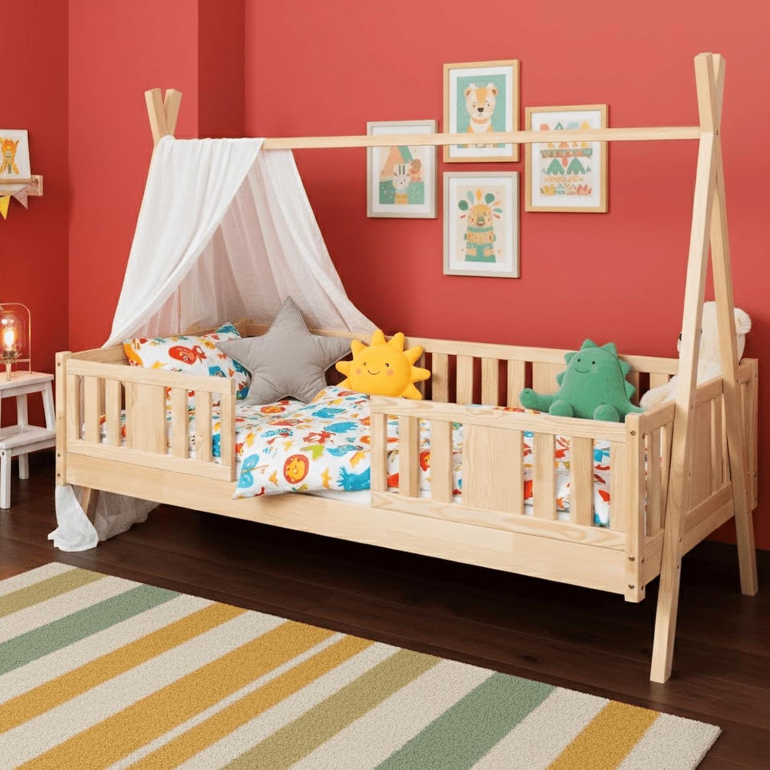 MEBLE WRÓBEL Kinderbett Tipi 90x200 cm - Hausbett aus Kiefer - Bett mit Rausfallschutz & Lattenrost - für Jungen und Mädchen - Unlackiert Spielbett für Kinder
