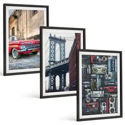 BILDER SET 3er Set - 40x60 cm Schwarzer Rahmen - Alte Autobrücke Brooklyn Retro-Audio