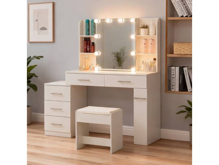Table de maquillage & coiffure - HIBA - Miroir LED coulissant - 10 ampoules 3 températures - 3 tiroirs modulables