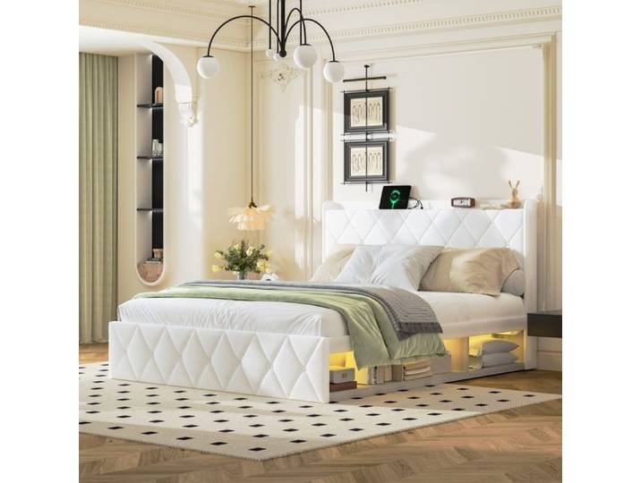 Luscriate - Lit rembourré 160x200 cm avec LED USB Espace de stockage – blanc