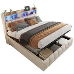 Polsterbett 180x200 cm mit hydraulischem Stauraum, LED-Farbwechselbeleuchtung und USB-Anschlüssen – modernes Leinen-Design Beige
