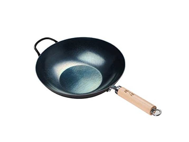 臻三环 ZhenSanHuan: Handgehämmerter Eisen-Wok mit flachem Boden, induktionsgeeignet, 32 cm im Durchmesser, Holzgriffstange mit Haltegriff