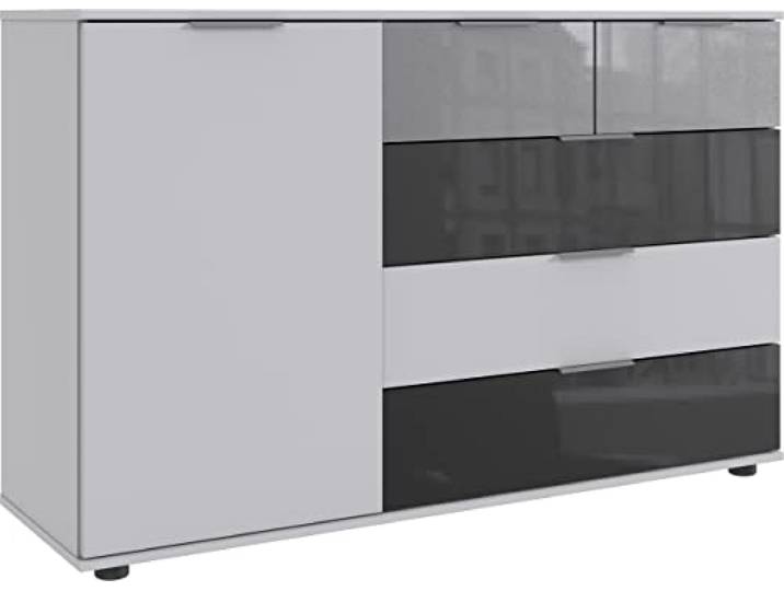 möbelando Kombikommode >Monaco< (BxH: 130x83 cm) in Weiss+ABS. Glas Grey+Glas Light Grey