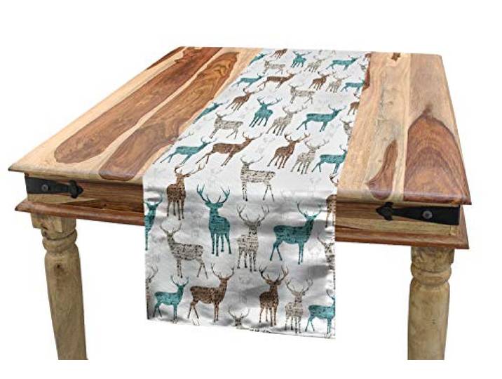 ABAKUHAUS Hirsch Tischläufer, Alt Text Tiere Weihnachten, Esszimmer Küche Rechteckiger Dekorativer Tischläufer, 40 x 180 cm, Türkis Beige Braun