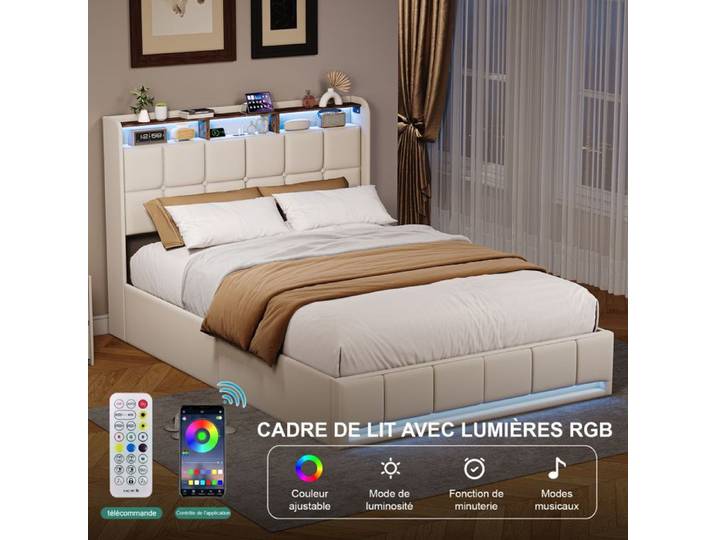 Lit Rembourré Hydraulique avec USB Et Type-C-DADEA-Lit Double Coffre 140x200 avec Led Lit Capitonné avec Sommier à Lattes Beige+Lin
