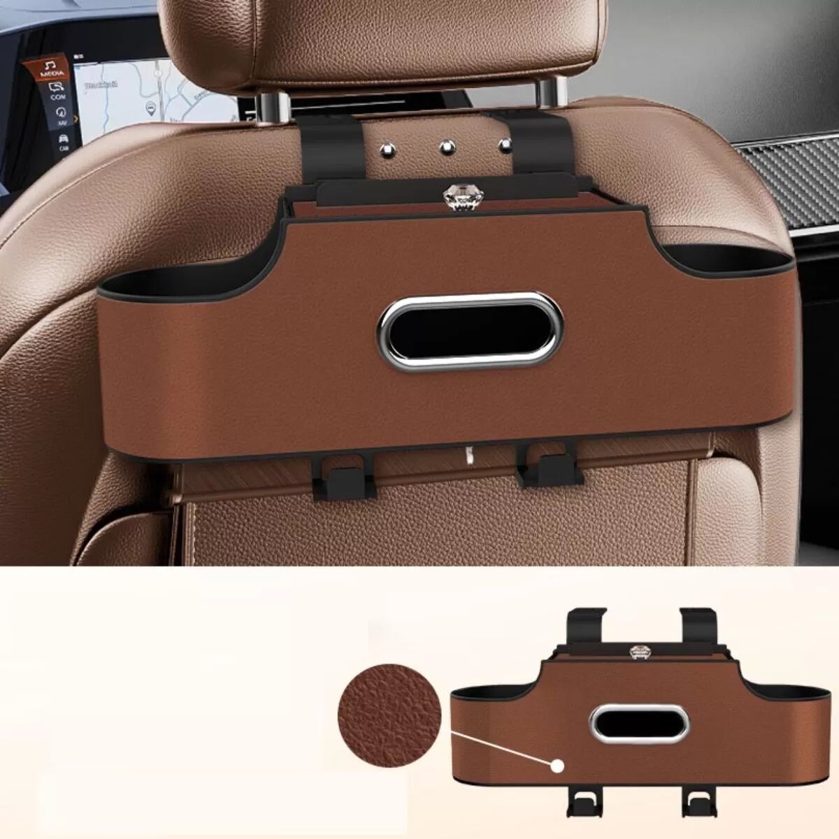 INF Multifunktionaler Auto-Rücksitz-Organizer - Taschentuchbox, Getränkehalter und Aufbewahrungslösung Braun