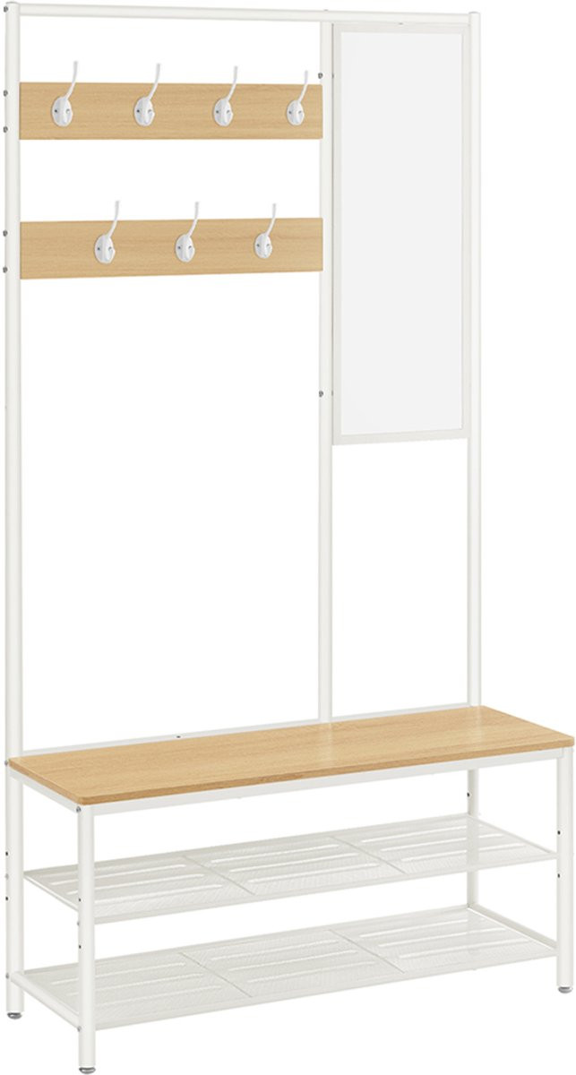 MAZAZU Halmeubel met Kapstok, Schoenenrek, Bank en Spiegel - Eiken/Wit - Breedte: 98 cm